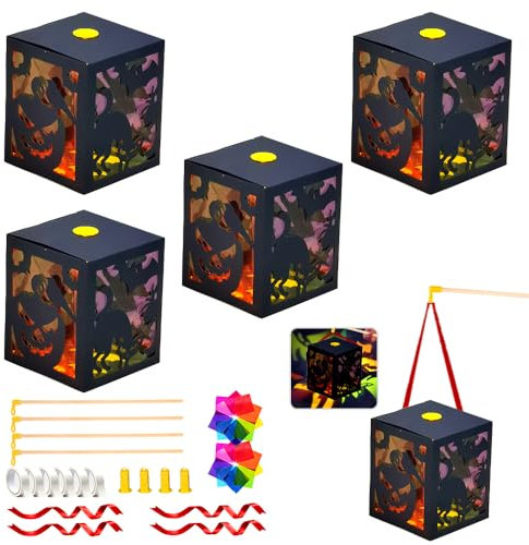 HEYIDAMAI 4 Stück Laternen Bastelset Halloween, Halloween Laterne Kinder, Laterne Selbst Basteln, Saint Martin Laterne mit LED und mit Buntglas Effekt, für Halloween Sankt Martin Laternenumzug.