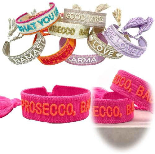 LS-LebenStil Exklusives Statement Armband Quasten besticktes Boho Canvas Webarmband (Prosecco Baby Neon Pink Orange)
