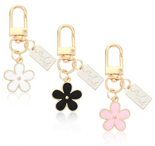 Yuanchu Lot de 3 porte-clés esthétiques en forme de fleur - Mini porte-clés élégant pour sac à dos - Breloque florale - Accessoires de sac à main - Cadeaux pour femme, multicolore, 5.5cm/2.16in