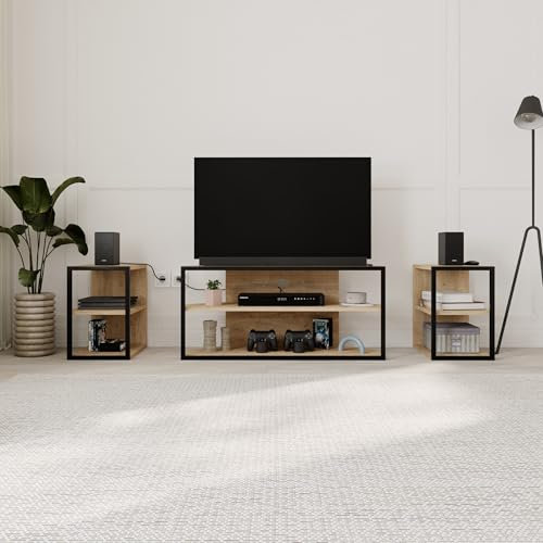 HOCUS PICUS TV Unit Set for TVs up to 43 Inches with 2 Storage Shelf Table, 3 Piece Free Combination Media TV Unit, Metal Frame Particleboard Corner TV Stand Set for Living Room Bedroom (Oak)