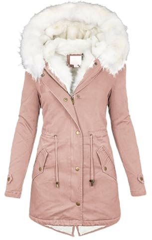 Guiran Giacca invernale da donna lunga – Cappotto caldo con cappuccio, parka invernale con chiusura lampo, giacca di peluche slim fit con coulisse e tasche, Colore: rosa., M