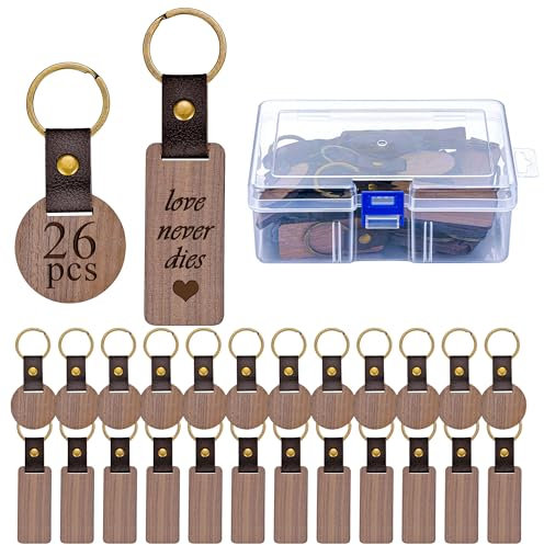 Filhome 26 Stück Personalisierte Holzschlüsselanhänger mit Schlüsselring für Lasergravur DIY Bemalen, Klassisch, Unisex, Braun