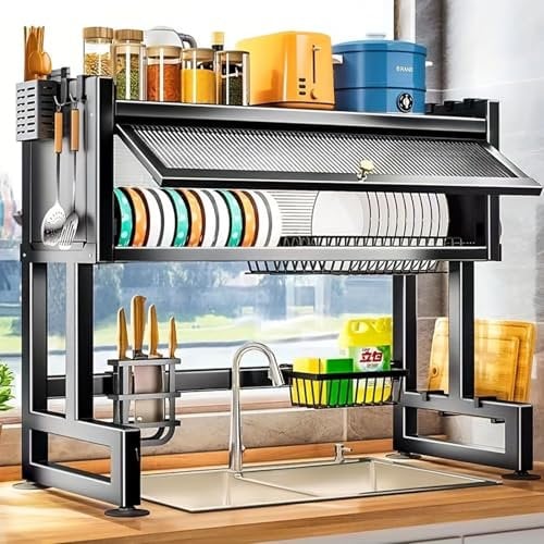 Esenlong 2 Tier Over Sink Dish Drying Rack,Kitchen Dish Drainer Rack Organizer with Cutboard Stand,Above Sink Dish Rack with Utensils Holder for Drying Bowls Plates Cups(75x31x79.5cm)