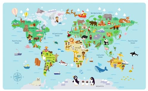 Schreibtischunterlage für Kinder - Schreibtischunterlage weltkarte - 70 x 40 cm - Doppelseitige PU-Leder Schreibunterlage - Abwischbar, öl- und schmutzabweisend, weicher