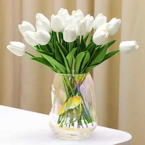 DBCMEW 18PCS Real Touch Artificial Tulips – Fake Tulips Artificial Flowers Faux White Tulips for Wedding/DIY Craft/Home/Birthday Party/Office/Hotel Decoration（NO VASE）