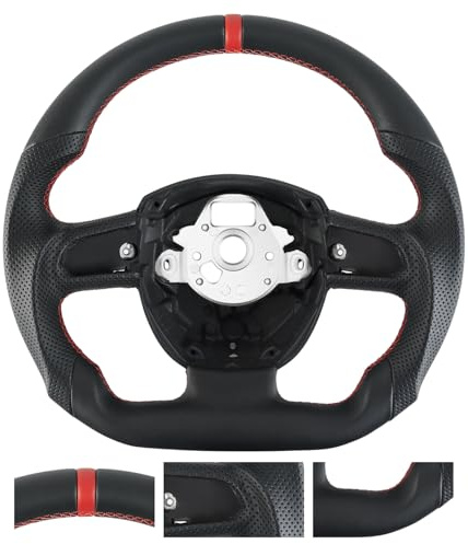 Acclcors Vollleder - Lenkrad Anti-Rutsch perforiertem Leder Grip Atmungsaktiv D-förmigen flachen Boden Lenkrad mit roten genäht, passend für Audi für A4(nur B7) für A5 für S4 für S5 2008-2010