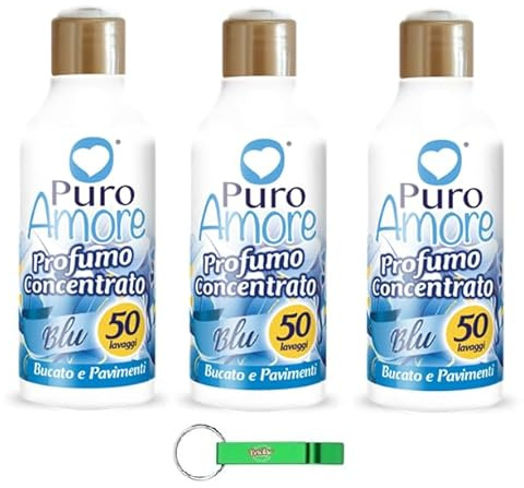 3x PURO AMORE Profumo Concentrato Blu Bucato e Pavimenti - Konzentriertes Blaues Parfüm für Wäsche und Böden - 50 Wäschen 250ml + Beni Culinari Kostenloser Schlüsselanhänger