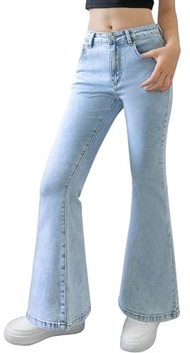 Happy Cherry Teenager Mädchen Jeans Schlaghose Vintage Denim mit Taschen Elastischer Glockenbund Hose Blau Kinder Ausgestellte 122-128/7-8Jahre