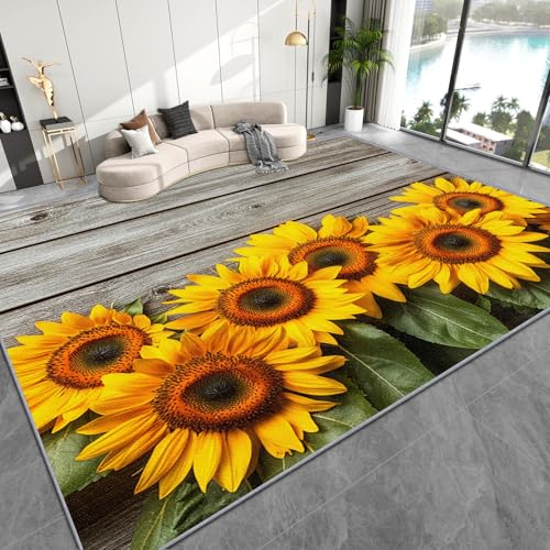 AevuCub Sonnenblumen Deko, Bauernhaus Holz Teppich 120x160 Kurzflor, Teppich Wohnzimmer Floral Gelb, Weich rutschfest Waschbare Teppiche, Bettvorleger Schlafzimmer Kinderzimmer