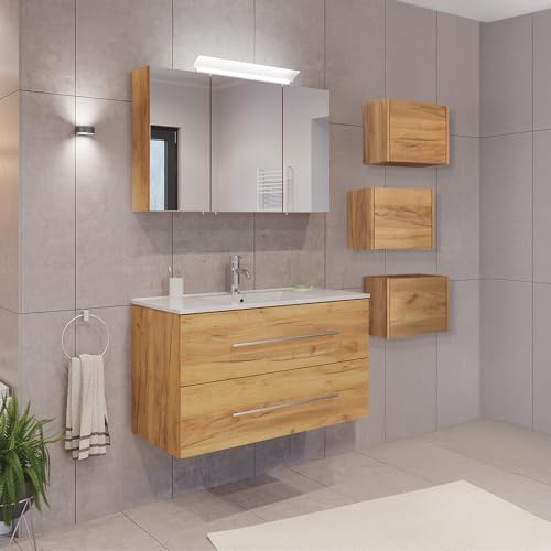 Lomadox admöbel Set 5-teilig, Waschtisch Waschplatz 100cm breit mit Waschbecken, Schrank, Hängeschrank, Softclose-Funktion, Spiegelschrank, in Eiche