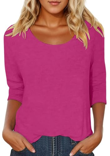 Womens Casual 3/4 Sleeve Scoop Neck Tee Shirts Solid Color Basic Top Long Sleeve Blouses Dressy Casual Loose Fit Comfy Going Out T-Shirts(Hot Pink,L)