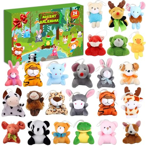 Adventskalender Kuscheltiere, Adventskalender 2025 Kinder, Weihnachts-Countdown 24 Verschiedene Arten von Plüschtier, Weihnachtsgeschenke für Mädchen Jungen (Mehrfarbig)