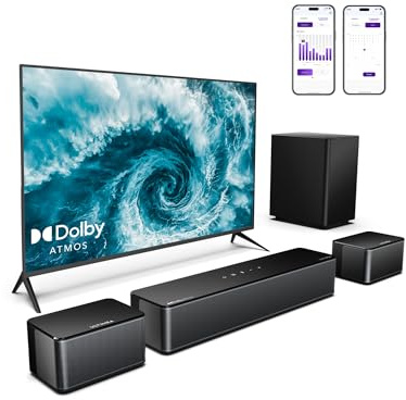 ULTIMEA 5.1 surroundsystem med Dolby Atmos, soundbar med trådlös subwoofer, 2 bakre högtalare, omgivningsljud, justerbar bas, APP-kontroll, HDMI eARC, Bluetooth, Poseidon D60