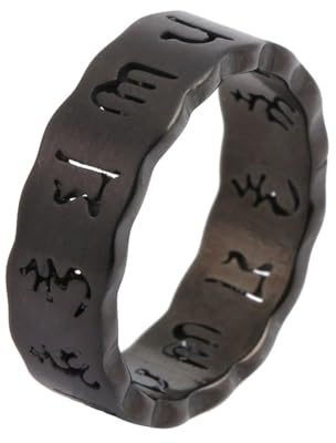 OAKKY Herren Damen Hohlring Vintage Buddhistische Die Sechs-Silben-Mantra Om Mani Padme Hum Schriftringe Band Edelstahl