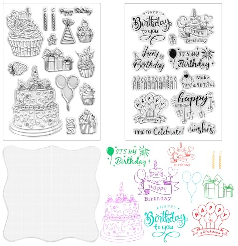 2 Stück Silikon Stempel Geburtstag mit Acrylblock für Silikonstempel Clear Stamps Sprüche Emotionales Wort & Motive Transparente Geburtstagsstempel für Einladung Scrapbooking Fotoalbum Kartenbasteln