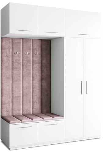 Masseno Flugarderoben Set Rema, Kleiderschrank-Set mit Sitzbank, Garderobenschrank Flur mit 5 Regalböden, Weiß