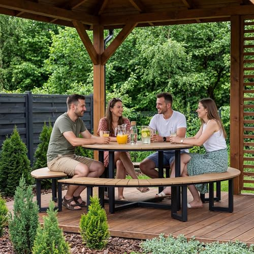 di volio Gartenmöbel Set PORTOFINI - Beige, Sitzgruppe Outdoor mit rundem Tisch und Sitzbänken, Esstisch mit stühlen aus wetterfestem PS-Board