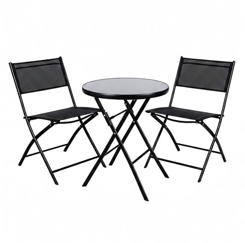 Baroni Home Juego de jardín plegable de 3 piezas con 2 sillas y mesa redonda de cristal templado de 60 cm de diámetro, juego de balcón y terraza, asientos impermeables (negro)