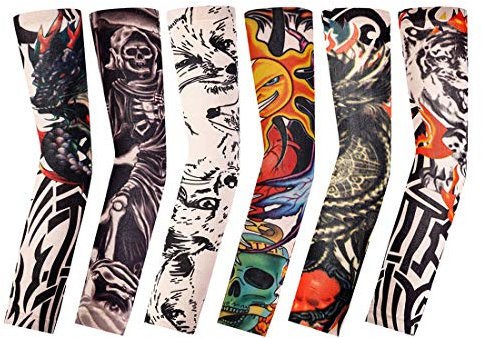 Manchons de Tatouage,6 Pack Hommes Faux Bras Faux Tatouages Temporaire Manches en Nylon Manches de Bras en Nylon Elastique Sleevelet pour Halloween Basketball Cyclisme Sun Block Unisexe 38CM