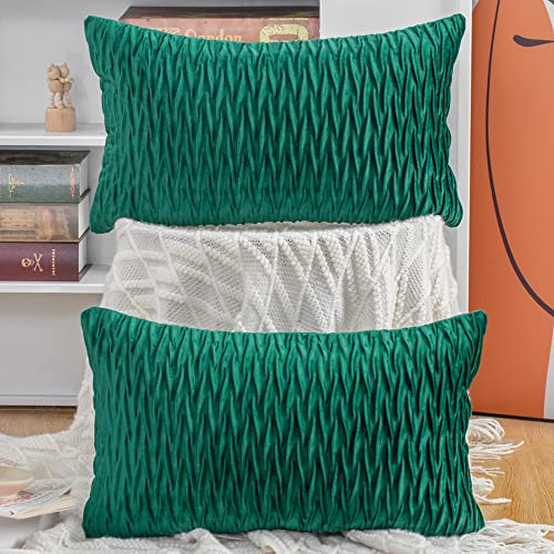 Madizz 2er Set Samt Dekorativ Zierkissenbezüge Luxus Stil Kissenbezug für Sofa für Schlafzimmer Dunkelgrün 30x50 cm Rechteckigig