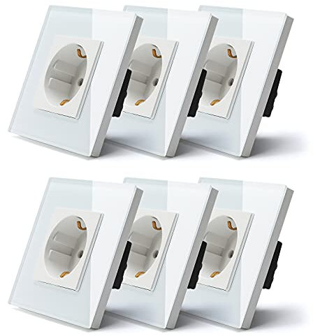 BSEED Schuko Steckdose, 1 Fach Unterputz-Steckdose, Kristall Glas Wandsteckdose Glas weiß, 16A Schutzkontakt 86mm (6 Pack)