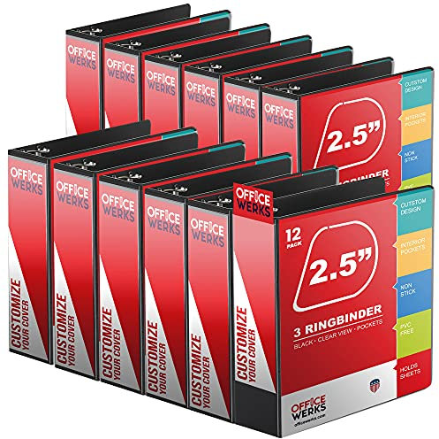 3-Ringbuch, professionelle D-Ringbuch, 6,3 cm, 12 Präsentationsmappen für Standardseiten 8,5 x 11 mit Taschen, kristallklare Sicht schwarz Ordner (12 Stück)