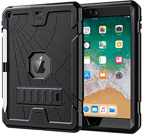 Herize iPad 5th/6th Gen 9.7 Kids Case with Pencil Holder & Stand | Drop Proof Silicone Case for Boys & Girls - Black