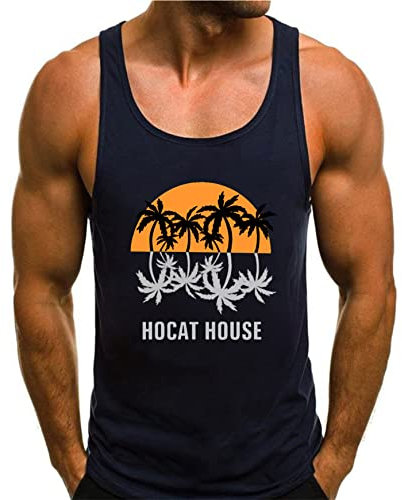 Men's Printed Vests Sleeveless T-Shirt Casual Muscle Shirt Palm Trees Tank Top Summer Muscle Workout Palms Party Beach Navy Blue