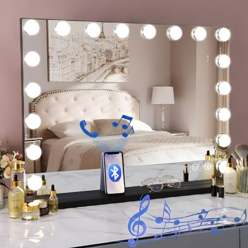 Hansong Großer Hollywood Spiegel mit Beleuchtung und Musik Lautsprecher, 18 dimmbare LED-Lampen, Beleuchteter Schminkspiegel mit USB-Ladeanschluss Hollywood Schminkspiegel