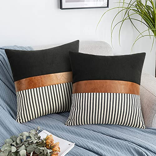 Merrycolor 2er Set Schwarzem Streifen Kissenbezug 45x45cm, Spleißen Leinen Wurf Moderne Akzent-Kissenbezüge aus hellbraunem Kunstleder Landhausstil Kissenhülle für Sofa Gartenbett Schlafzimmer