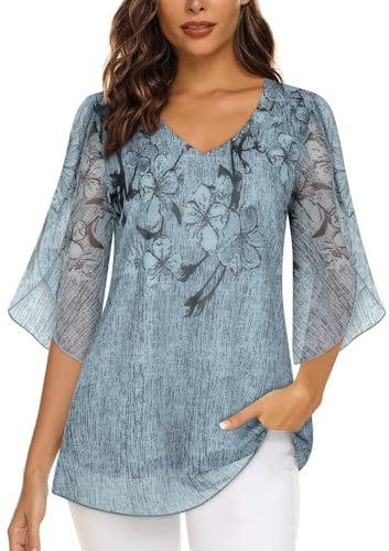 Syphiby Tops for Women UK Ruffle 3/4 Sleeve Dressy Tops for Women V Neck Flowy Semi Formal Wedding Guest Dress Shirts Wedding Guest Chiffon Blouses Daily Casual Cocktail Party Beach Shirts Medium