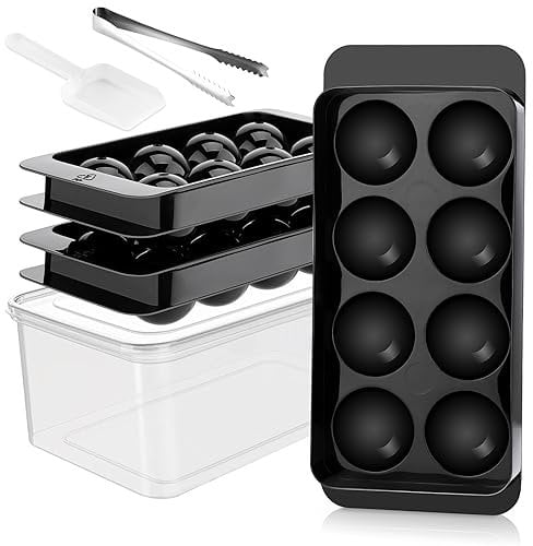 Large Ice Cube Tray, Ice Ball Maker Mold, 3x8 PCS Sphere Ice Mold with Lid, Bin&Spoon, Ice Tray with Easy Release Round Ice Cube Mold for Whiskey, Cocktails, Bourbon(Black)