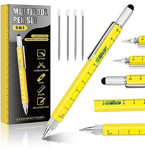 GHHFKGL 6 in 1 Multitool Pen - Cool Gadgets for Men, Unique Gift for Husband, Grandpa, Engineer, Handyman (Yellow)