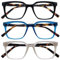 OPULIZE KOI Lesebrille 3er Pack - Große Rechteckige Brillenfassung - Schwarz-Blau-Grau - Damen Herren Unisex - Federscharniere - RRR50-137 - +2.00