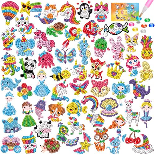 CAYUDEN Diamant Aufkleber, 60pcs 5D Diamant Painting Stickers Bilder Kinder DIY Diamond Painting Stickers Kit Kinder Mädchen Tiere Diamant Malerei Aufkleber Diamant Stickerset für Kinder 4 6 8 10 12