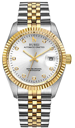 BUREI 38mm Automatik Uhr Herren Luxus Diamant Armbanduhr für Männer Mit Saphirglas Datumskalender (Silber und Gold)