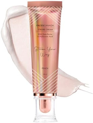 FACES CANADA Strobe Cream - Peach, 30g Primer + Highlighter + Moisturizer Shea Butter & Hyaluronic Acid Intense Hydration Flawless Radiant Dewy Skin Illuminating & Glowing Makeup Base
