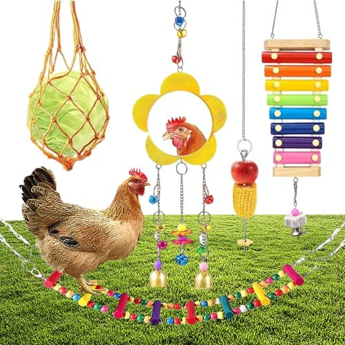 SUQ 5PCS Giocattolo di Pollo, Oscillazione Arcobaleno, Specchio di Pollo con Campane, Giocattoli di Pollo per Accessori, Forchetta di Frutta di Pollo, Giocattolo di Xilofono di Pollo