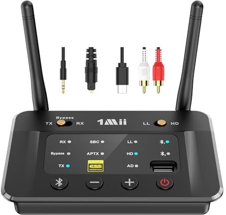 1Mii[Upgraded]B03S Bluetooth 5.3 Transmitter Receiver, USB Drive, aptX Adaptive/Low Latency Bluetooth Audio Adapter w/Audiophile DAC Chip for TV to Headphones, Dual Link,Long Range,Digital Optical,RCA