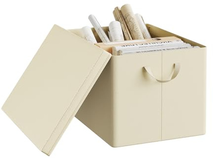 WOLTU Storage Box Set of 1, Fabric Storage Basket with Removable Lid, Folding Storage Organiser with Handle, Cream, 48 x 36 x 30 cm, ABB04cm-1-UK