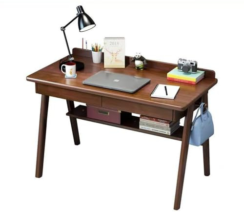 Home-Office-Schreibtisch aus Massivholz – Mid-Century moderner/zeitgenössischer Schreibtisch mit 2 Schubladen, Aufbewahrungsregal, Haken und Walnussholz-Basis – kleiner Computertisch (Walnuss, 100 x