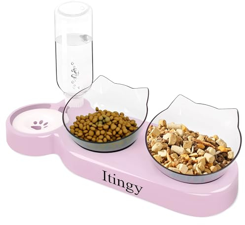 Itingy 3-In-1 Cat Food and Water Bowl Set, Whisker Fatigue Relief Raised Cat Bowl with Stand Tilted 15°, Double Cats Bowls with Removable Water Bottle, Kitten Bowls For Pet to Eat Simultaneously-Pink