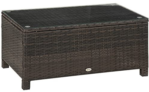 Outsunny Table Basse de Jardin Plateau Verre trempé 5 mm rotin tressé 85 x 50 x 39cm Max. 50 kg Marron