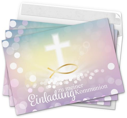 10 x Einladungskarten Kommunion mit Umschlag/Moderner Look mit Fisch Gold/Kommunionskarten/Einladungen zur Feier