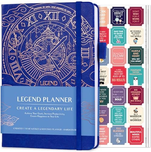 Legend Planner - Migliore agenda settimanale e calendario mensile per aumentare la produttività, raggiungere obiettivi e gestione del tempo principale - A5, Senza date (Blu reale, Lamina d'oro)