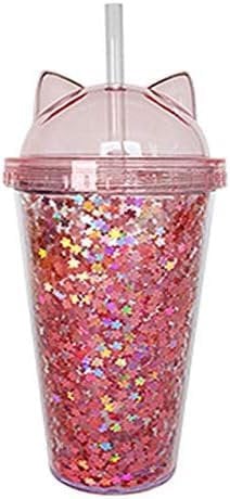 WEIGENG Plastikbecher mit Strohhalm Pailletten Doppelschicht Wasserflasche Niedliche Katzenohren Glitzer Wasserbecher für Mädchen (Farbe: Transparent, Größe: 401 500ml)