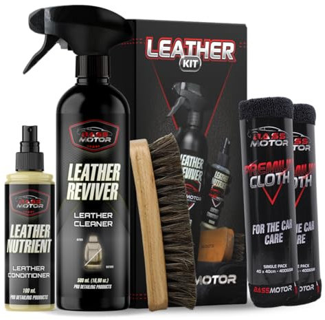 BassMotor KIT Nettoyant Cuir & Alcantara - Nettoie, dégraisse & nourrit sièges & tapisseries. Kit Leather Reviver 500ml + Leather Nutrient 100ml + Brosse Pro + 2 Chiffons 400GSM
