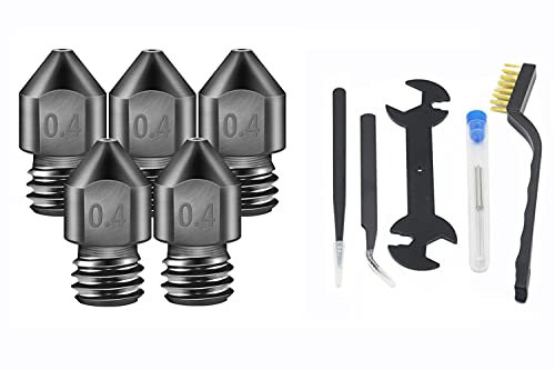 Iverntech 5 juegos de boquillas de acero endurecido para impresora 3D MK8 de 0,4 mm con kit de limpieza de boquillas de extrusora (brocas, pinzas, cepillo, llave) para Makerbot, Creality CR-10 Ender 3