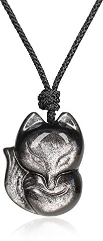COAI Geschenkideen Unisex Kette mit Fuchs Anhänger aus Silbernem Obsidian Glückskette Halskette