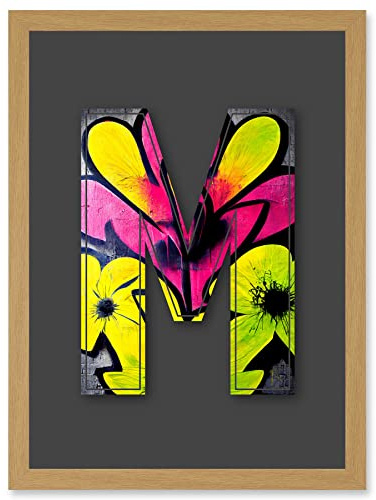 Wee Blue Coo Letter M Neon Yellow Flower Decorative Graffiti Mural Alphabet Initial Stencil Artwork Framed Wall Art Print A4